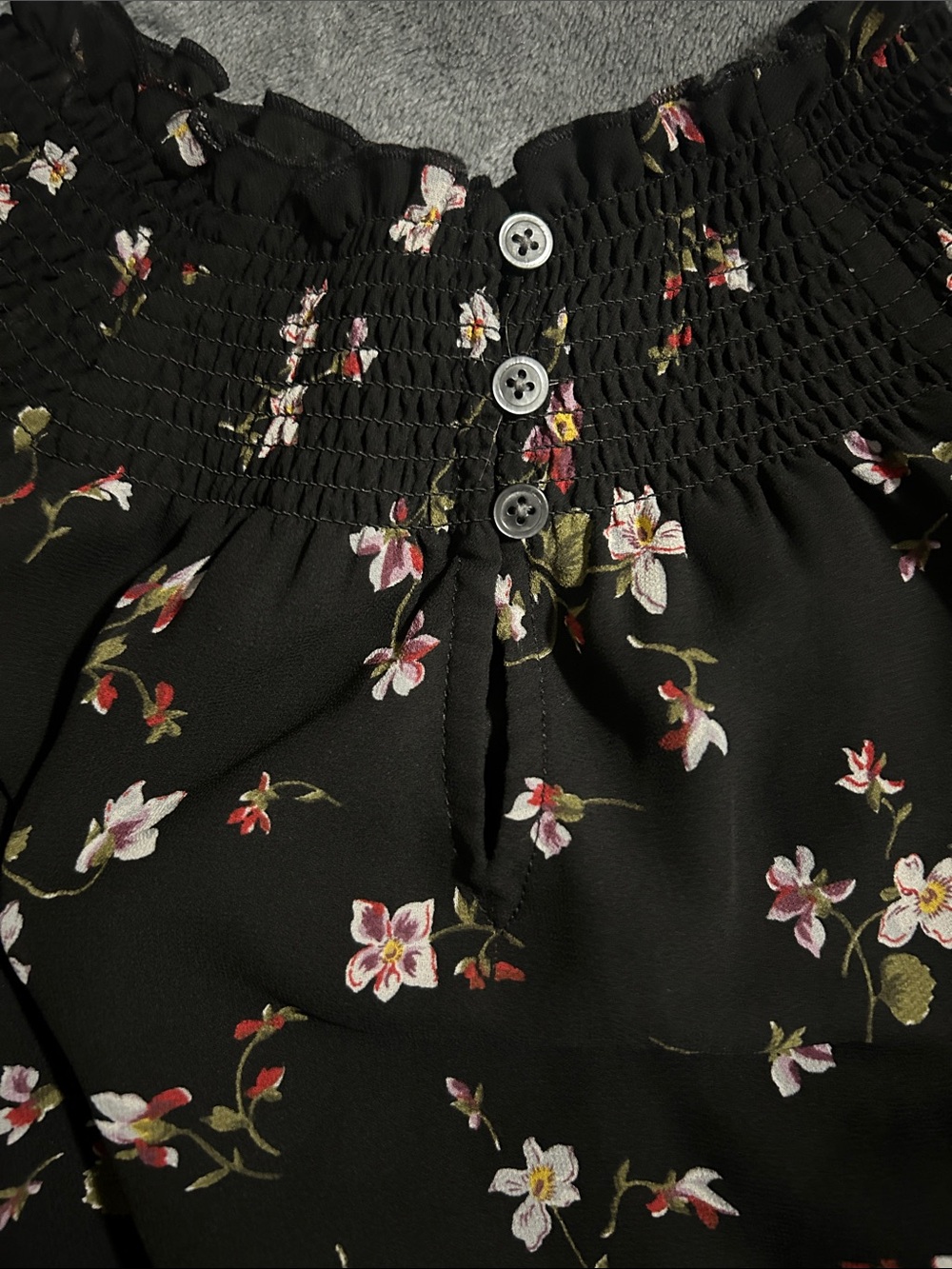 Madewell Black Floral Smocked-Neck Blouse with Puff Sleeves - Picture 5 of 5